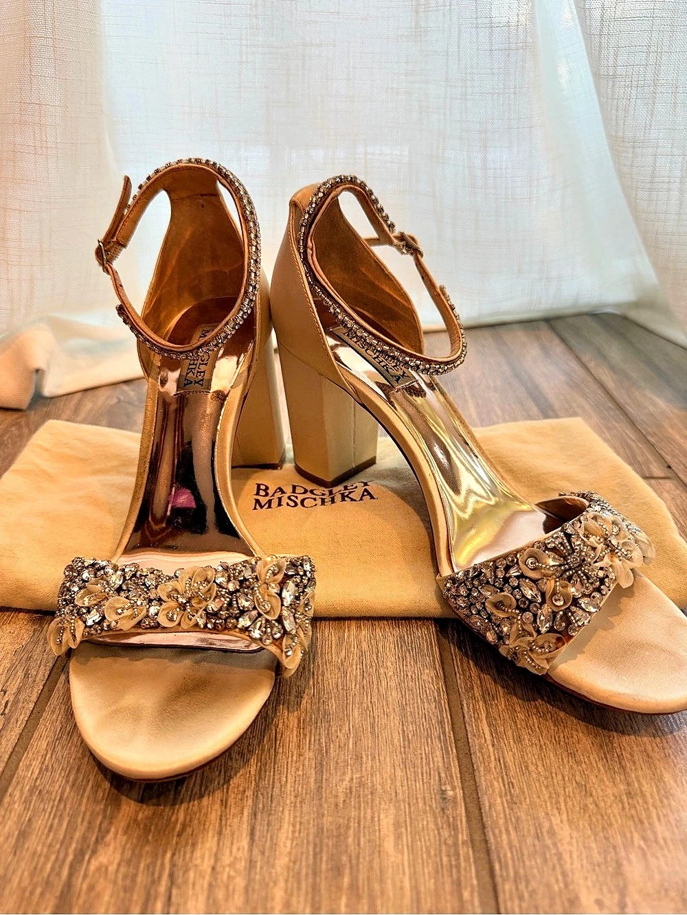 Badgley Mischka Ivory Satin Block Heel Sandals / Bridal Shoes